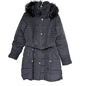 Betsey Johnson Down Feather Black Puffer Coat with Belt & Faux Fur Hood Sz L